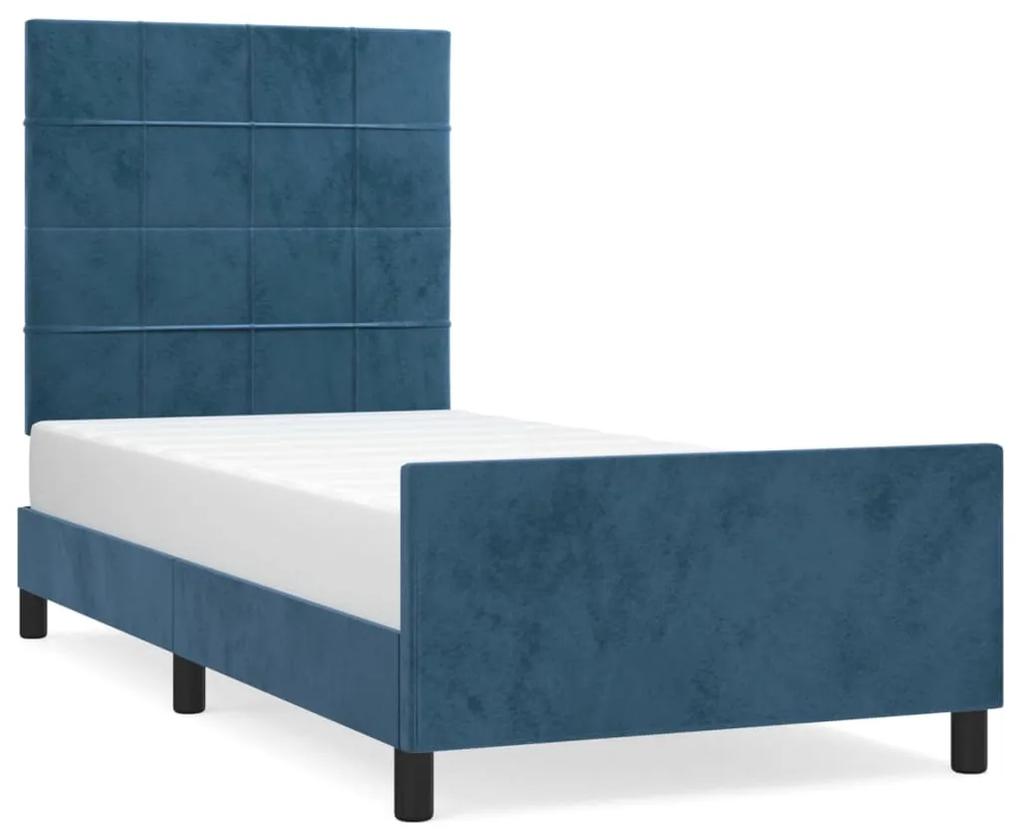 Cadru de pat cu tablie, albastru inchis, 90x190 cm, catifea Albastru inchis, 90 x 190 cm, Cu blocuri patrate