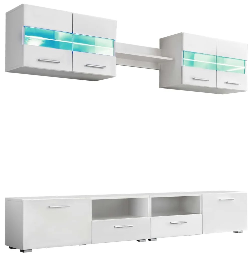 246027 vidaXL Set comodă TV de perete, 5 piese, lumini LED, alb lucios