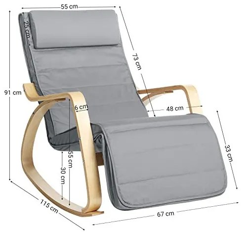Fotoliu balansoar, Songmics, Gri, Ajustabil, 67 x 115 x 91 cm