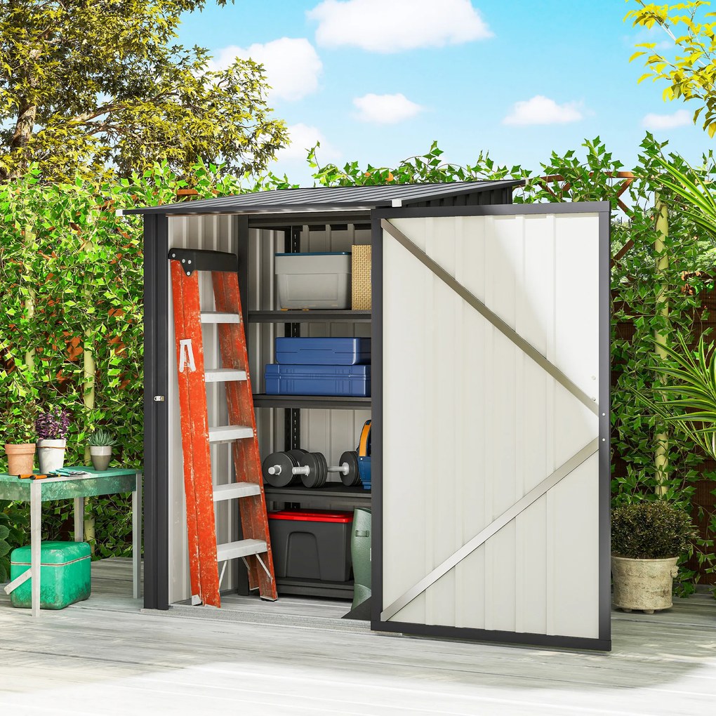 Outsunny Căsuță de Grădină 0,92m² din Oțel Galvanizat, Depozit pentru Unelte cu Ușă Blocabilă și Acoperiș Înclinat, 100x104x160 cm, Gri Închis | Aosom Romania