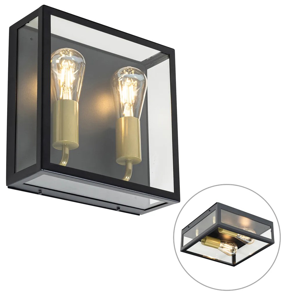 Lampă de perete exterioară neagră și alamă cu 2 lumini - Rotterdam