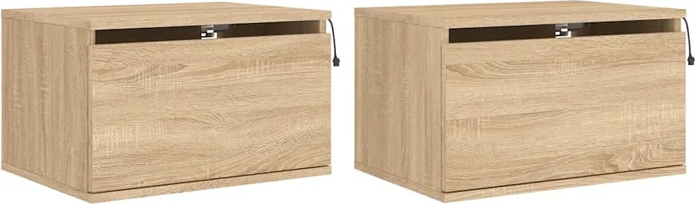 vidaXL Noptiere montate pe perete cu lumini LED, 2 buc., stejar sonoma