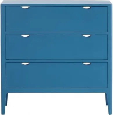 Comodă cu 3 sertare mid century, din lemn de pin, albastru, cu picioare de lemn și mânere metalice semirotunde, 90 x 90 x 45 cm, „Ernest”