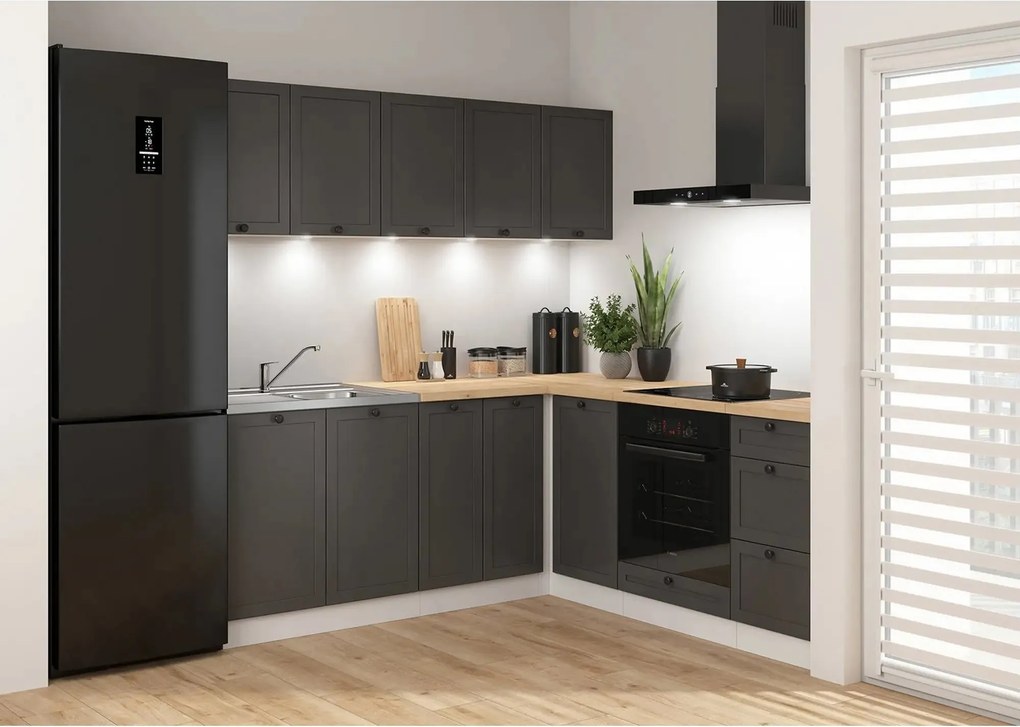Set bucatarie JUNONA LINE, gri grafit/alb, PAL, 200x200 cm, cu blat st