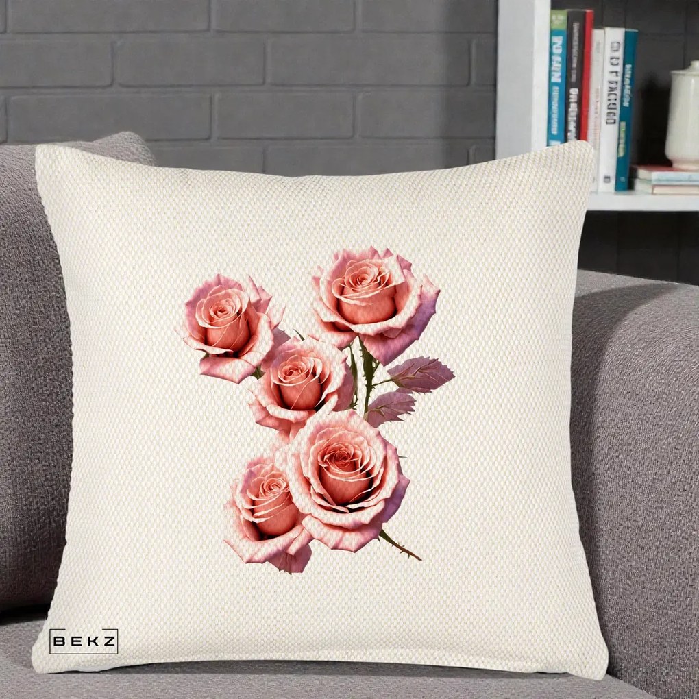 Perna Decorativa Trandafiri Roz Pastel Acuarela, 40x40 cm, Crem Reliefat, Husa Detasabila, Perna Inclusa, BEKZ®