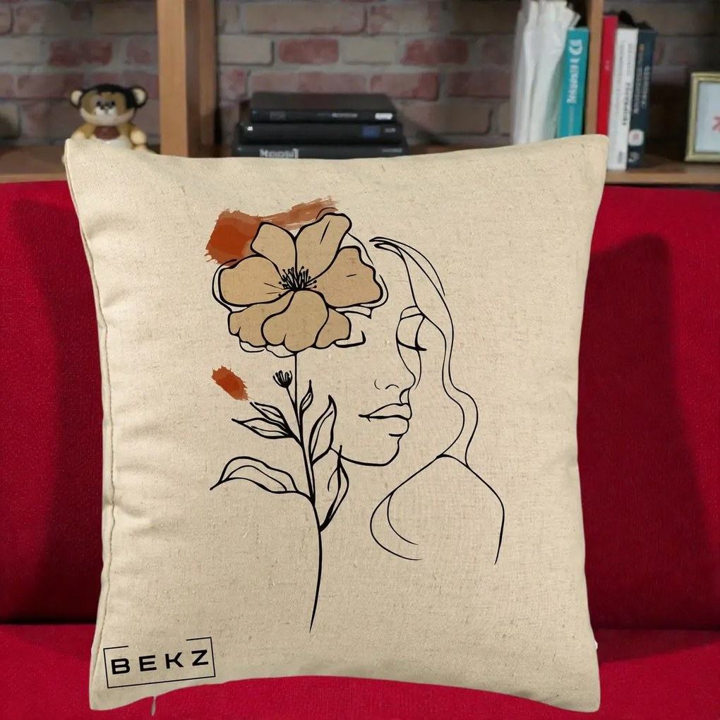 Perna Decorativa Portret Feminin Floare Bej Terracotta, 40x40 cm, Bej, Husa Detasabila, Perna Inclusa, BEKZ®