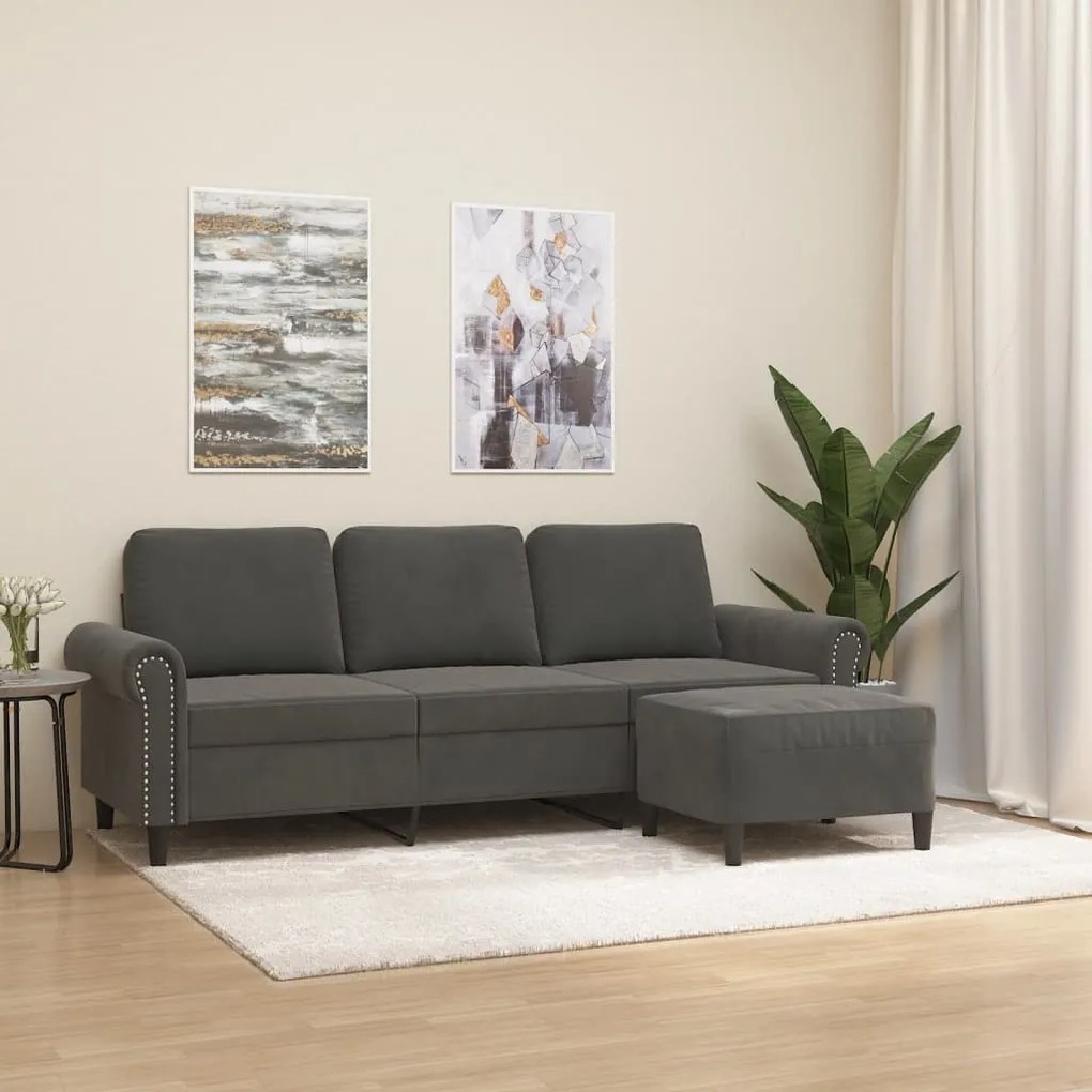 3153634 vidaXL Canapea cu 3 locuri și taburet, gri închis, 180 cm, catifea