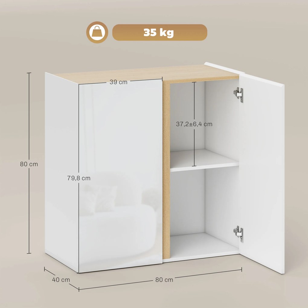 HOMCOM Bufet cu finisaj lucios, mobilier de depozitare cu 2 uși cu închidere amortizată și raft reglabil, 80x40x80cm, alb | Aosom Romania