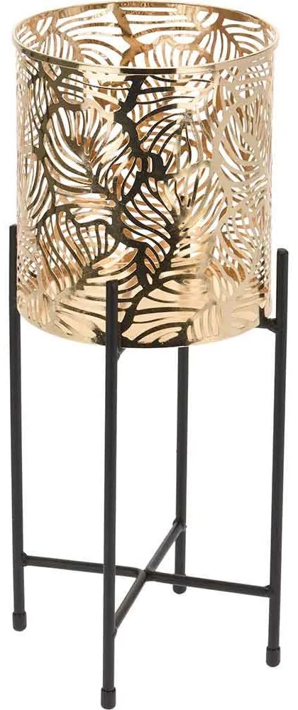GHIVECI METALIC CU SUPORT 14.5X14.5X35.4 CM, DECOR FRUNZE, AURIU/NEGRU