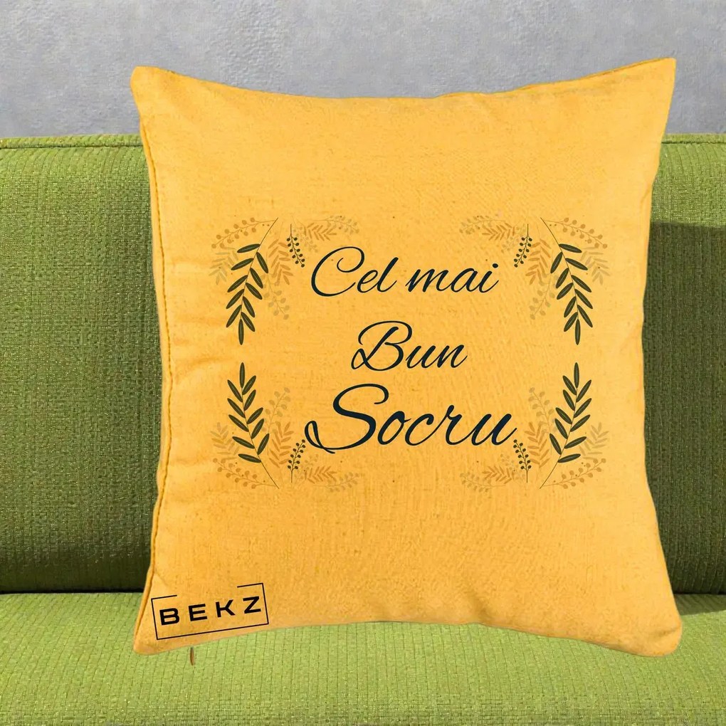 Cadou pentru Socru - Perna Personalizata Cel mai Bun Socru cu Ramuri Frunze Albastre si Aurii, 40x40 cm, Galben, Husa Detasabila, Perna Inclusa, BEKZ®