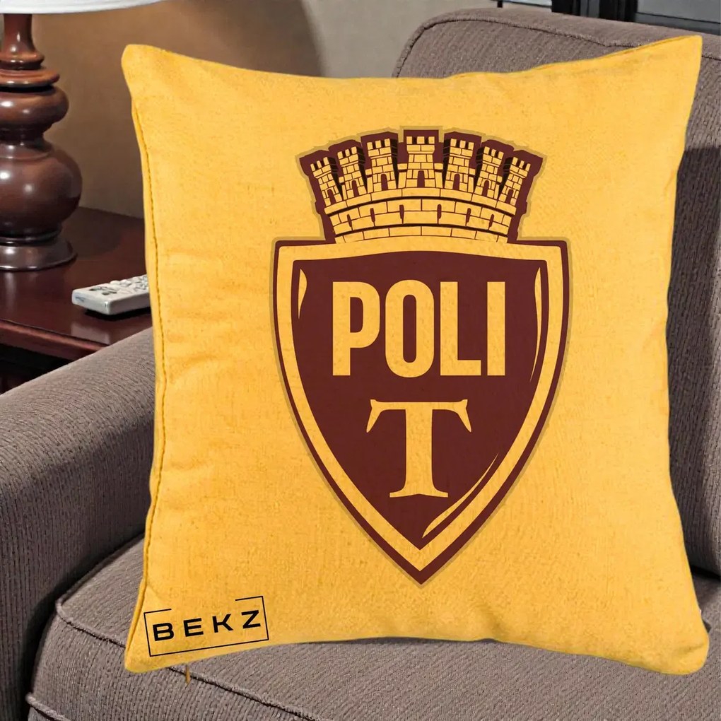 Perna Personalizata Poli Timisoara Fotbal, 40x40 cm, Galben, Husa Detasabila, Perna Inclusa, BEKZ®
