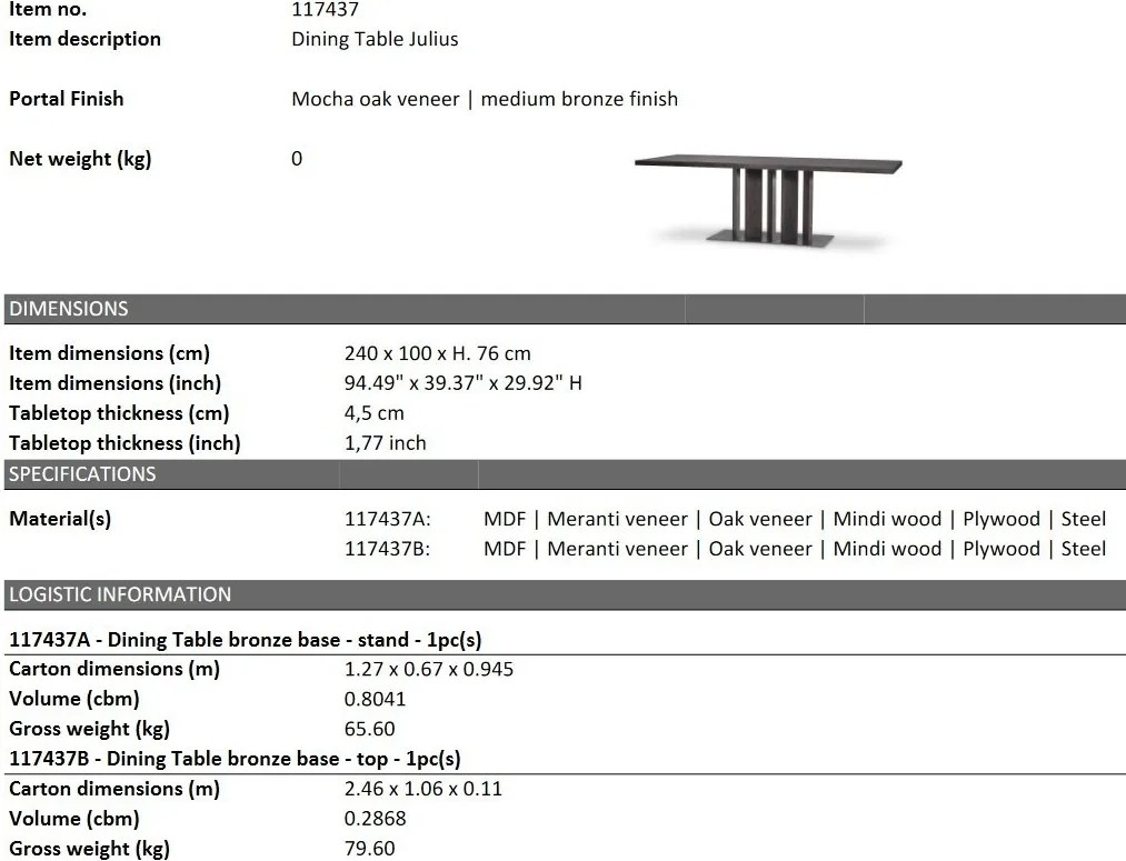 Masa dining moderna design LUX Julius 240x100cm