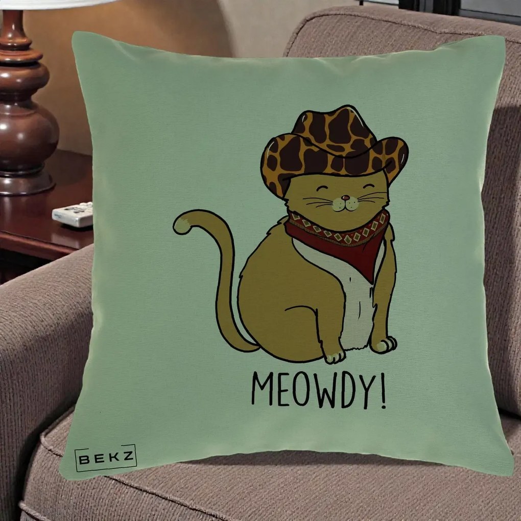 Perna Decorativa Pisica Cowboy Meowdy, 40x40 cm, Verde, Husa Detasabila, Perna Inclusa, BEKZ®