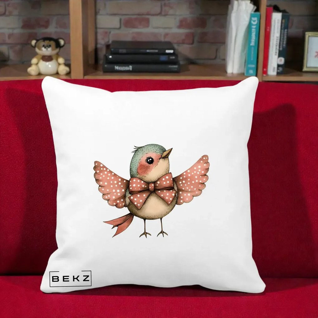 Perna Decorativa Pasare Roz cu Aripi si Fundita, 40x40 cm, Alba Mata, Husa Detasabila, Perna Inclusa, BEKZ®