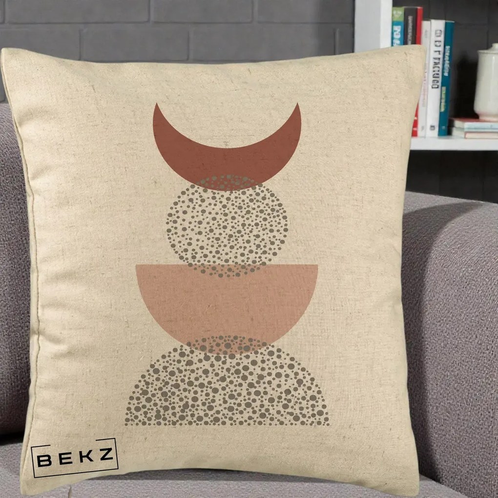 Perna Decorativa Boho Luna Plina si Forme Punctate, 40x40 cm, Bej, Husa Detasabila, Perna Inclusa, BEKZ®