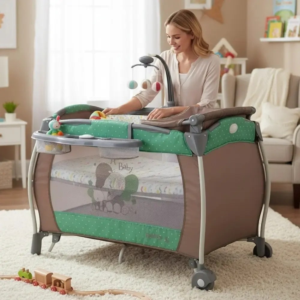 Patut Pliabil rotund cu balansoar, Tarc copii Baby Care™ PRO FRW, 2 Niveluri de inaltime, Cu melodii si Masa infasat, Carusel cu jucarii din plus,