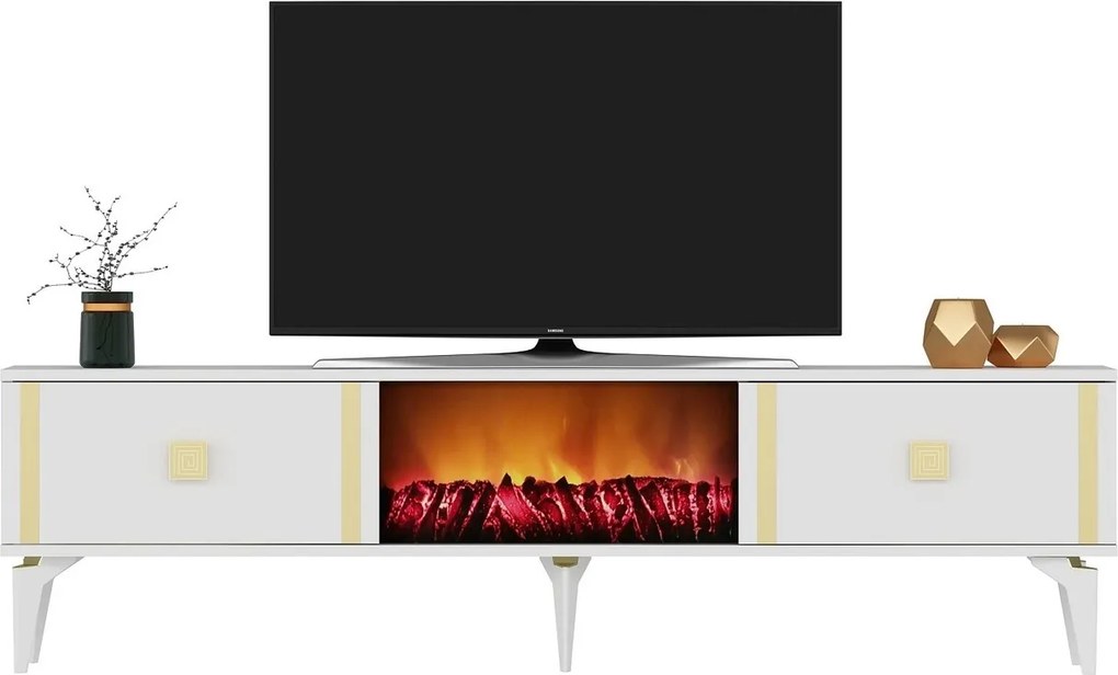 Comoda TV, Hanah Home, Doruk Fireplace, 150x44.6x29.6 cm, Alb/Auriu
