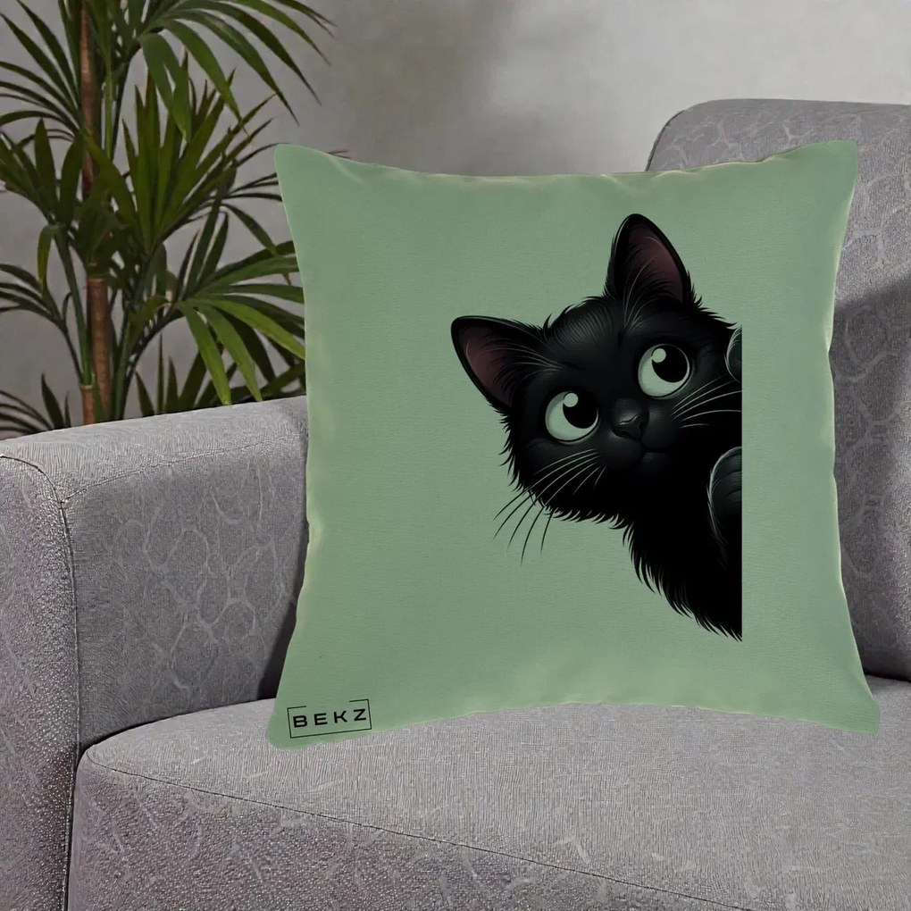 Perna Decorativa Pisica Neagra Dragalasa Curioasa, 40x40 cm, Verde, Husa Detasabila, Perna Inclusa, BEKZ®