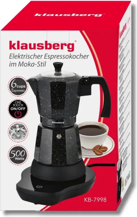 Aparat electric de cafea cubanez Klausberg KB 7998, 500 W, 6 cesti, Element de incalzire incorporat, Supapă de siguranta, Negru