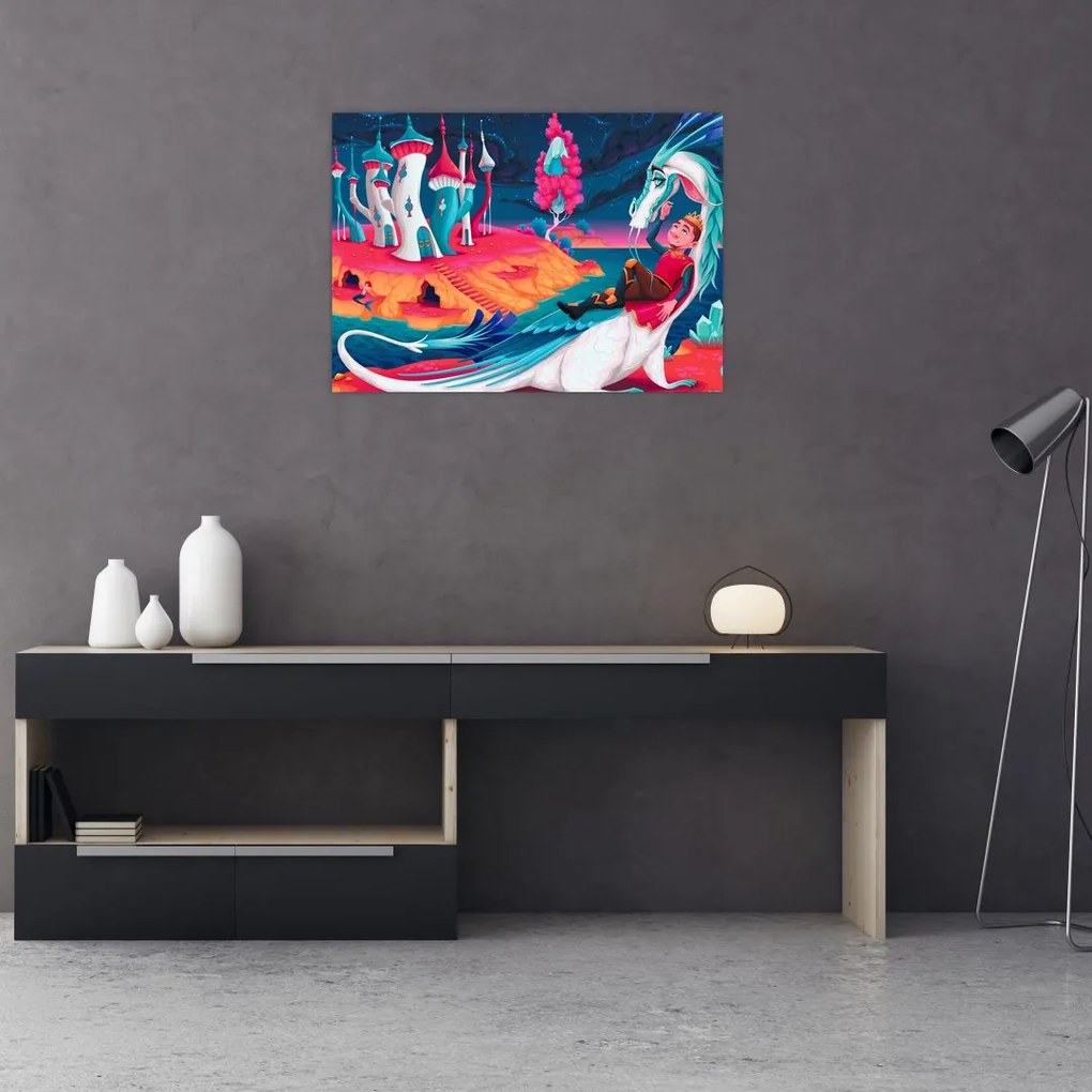 Tablou pe sticlă - Prinț și prințesa cu dragon (70x50 cm)