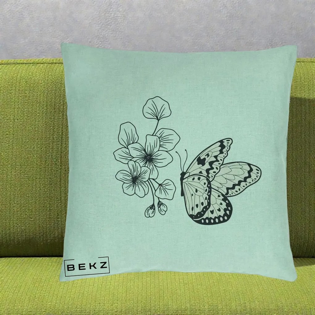Perna Decorativa Fluture si Flori Linie Monocroma, 40x40 cm, Verde Menta, Husa Detasabila, Perna Inclusa, BEKZ®