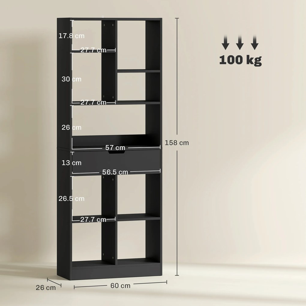 HOMCOM Bibliotecă Modernă din Lemn cu Sertar Central și Kit Antirăsturnare, 60x26x158 cm, Negru | Aosom Romania