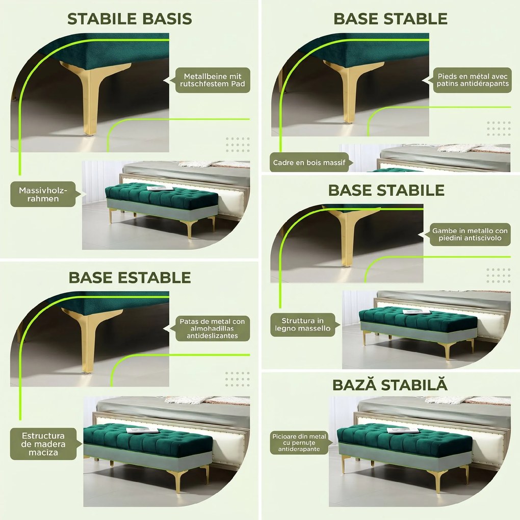 HOMCOM Bancă Hol, cu Husă Capitonată din Catifea cu Picioare Metalice pentru intrare, dormitor sau sufragerie, 118x45x42 cm, Verde | Aosom Romania