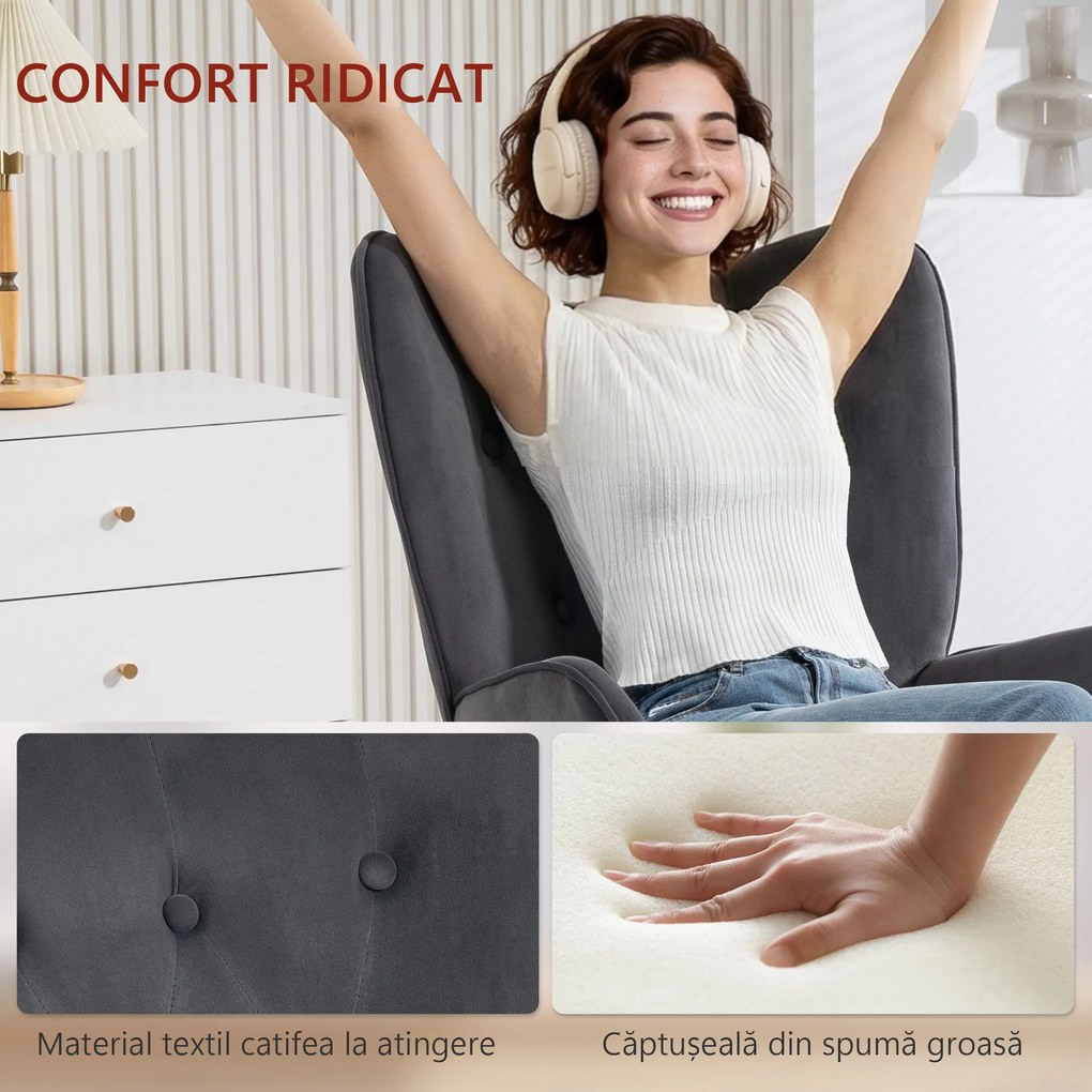 HOMCOM Fotoliu Rotativ din Catifea, Fotoliu Tapițat cu Cotiere, Funcție de Balansare și Înălțime Reglabilă, pentru Living, Gri Închis | Aosom Romania