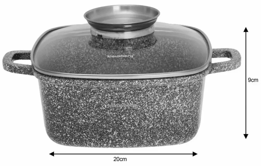 Oală pătrată cu capac 20x20 cm, 2.8L – Klausberg KB 7528, antiaderentă marmură, pentru gătit rapid și sănătos, culoare gri