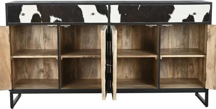 Bufet negru, stil etnic, din lemn de mango și metal, cu 4 uși și 2 sertare din piele de vacă cu păr, 90 x 172 x 45 cm, „Vachette”