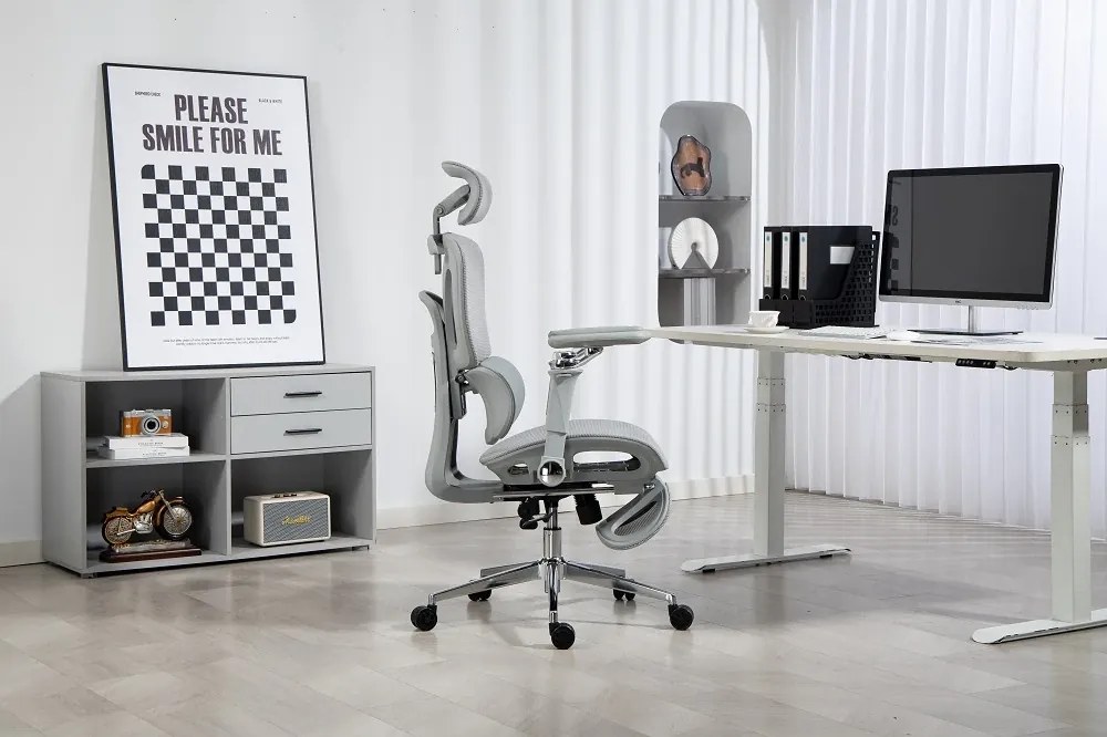 METACHAIR DORO VENT Scaun ergonomic, sezut cu ventilatie, suport lombar dinamic, spătar reglabil înălțime, cotiere 6D, tetieră 2D, suport picioare, mecanism multifunctional inclinare/blocare, pivotant, Mesh, Gri