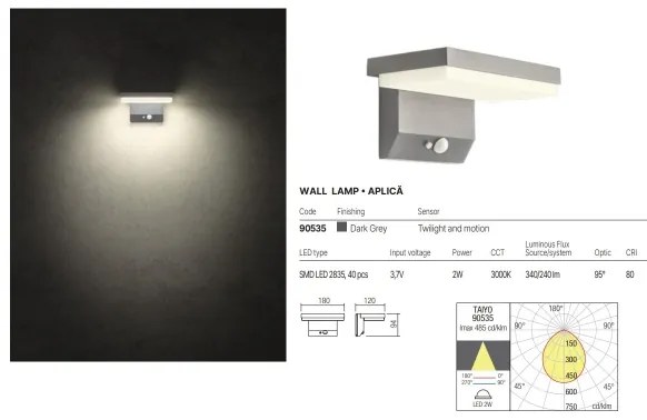 Aplică LED solară cu senzor Redo 90535 TAIYO LED/2W/3,7V 3000K IP54 antracit