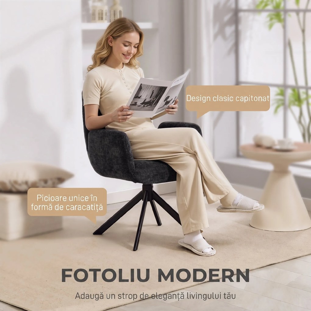 HOMCOM Fotoliu Rotativ pentru Dormitor, Material Textil cu Aspect de In și Picioare Înclinate din Oțel, Negru | Aosom Romania
