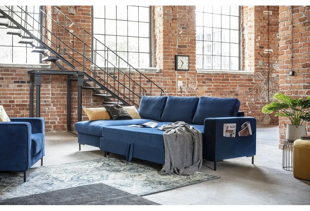 Colțar extensibil din catifea cu șezlong pe partea stângă Miuform Lofty Lilly, albastru marin