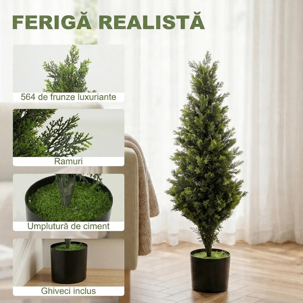 HOMCOM Set 2 plante artificiale de chiparos, 90 cm, pentru interior și exterior, cu ghiveci, 564 frunze, verde | Aosom Romania
