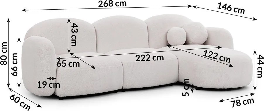 Colțar crem cu tapițerie din țesătură bouclé (cu colț pe partea dreaptă/cu șezlong) Orbit – Ropez