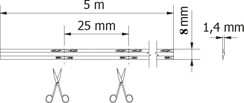 Bandă LED COB GTV pentru mobilier, lumină rece, 320 LED m, 800 lm m, 24V, IP20, 5 m Alb rece, 9 W/m, 24 V, LED Cob, 800 lm/m, 8 mm