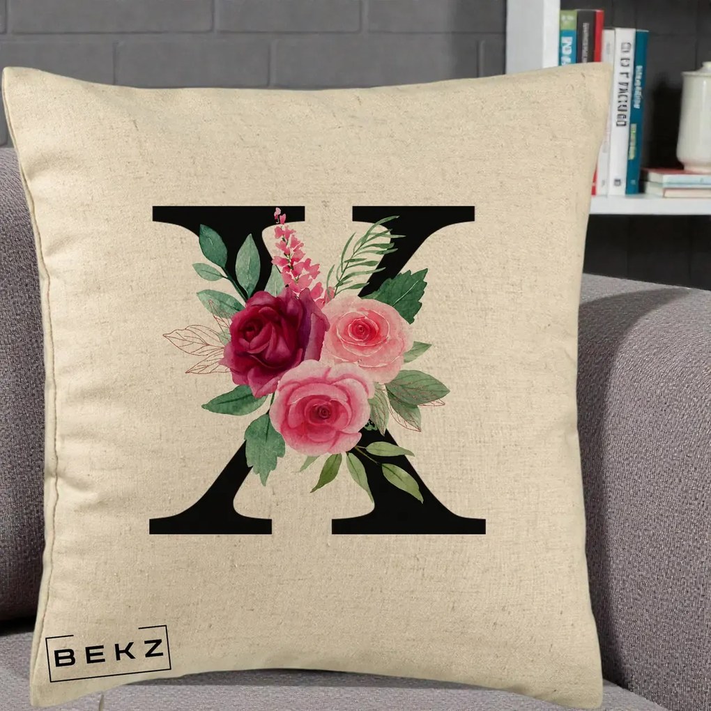 Cadou Personalizat - Perna Personalizata Monograma Florala Litera X cu Buchet, 40x40 cm, Bej, Husa Detasabila, Perna Inclusa, BEKZ®