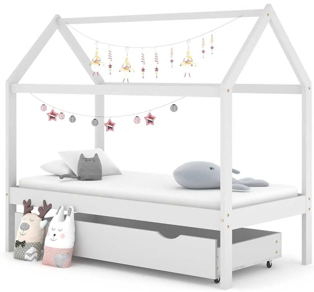 vidaXL Cadru pat de copii cu un sertar, alb, 80x160 cm, lemn masiv pin