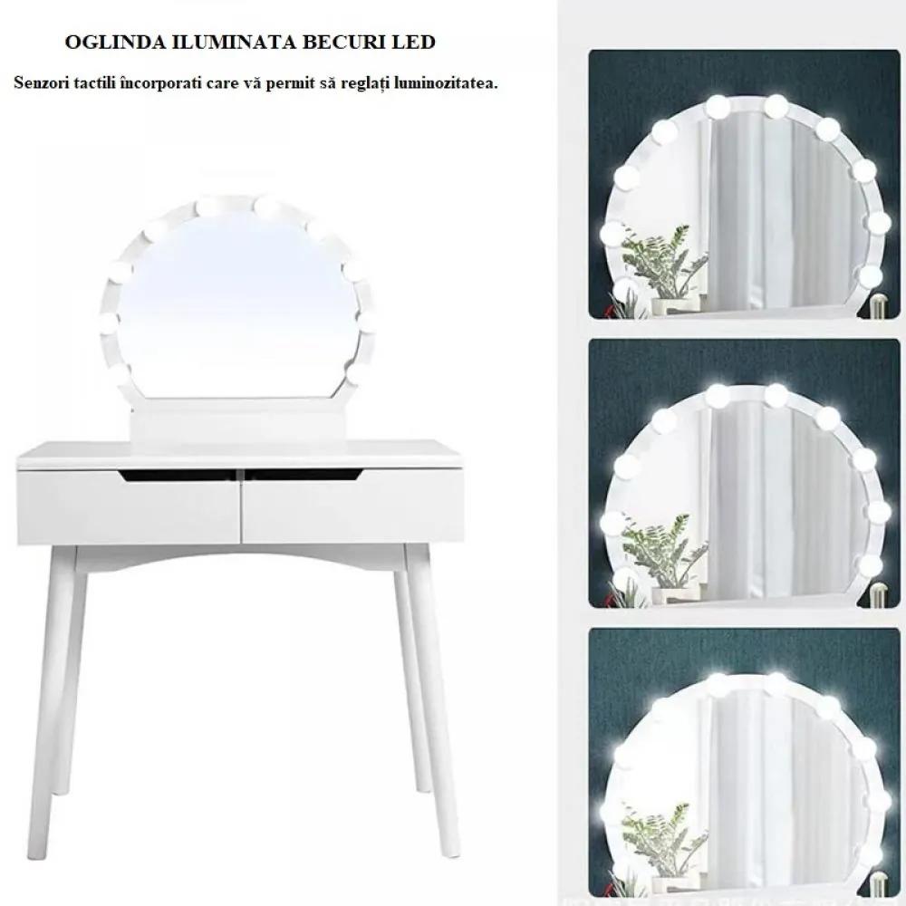 Set Celine Masă de toaletă pentru machiaj cu scaun, oglindă iluminata LED, 2 sertare, Alb