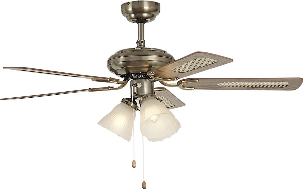 Ventilator de tavan din alamă cu imprimeu de lemn și ratan 105cm cu întrerupător cu șnur - Mistral Lia