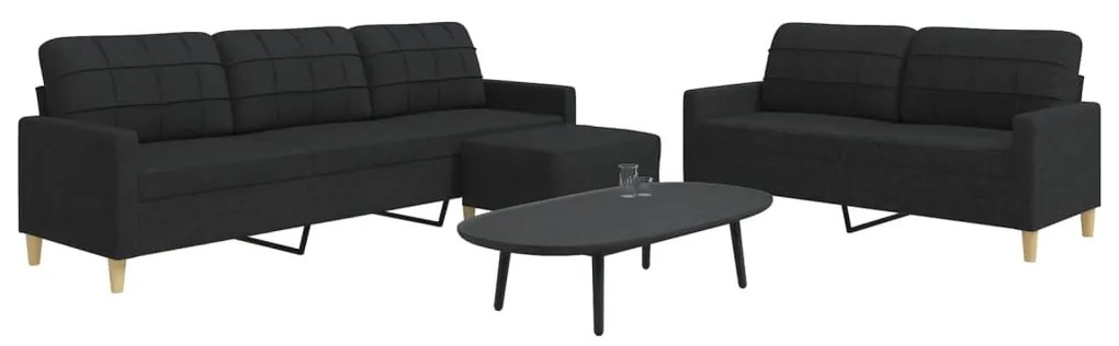 vidaXL Set de canapele cu taburet, 3 piese, negru, textil