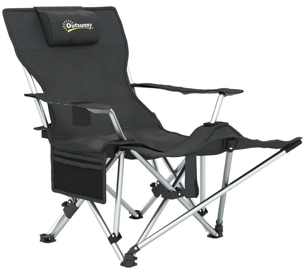 Outsunny Scaun de Camping Pliabil și Rabatabil cu Suport pentru Picioare Detașabil și Tetieră, 82x50/100x88 cm, Negru | Aosom Romania