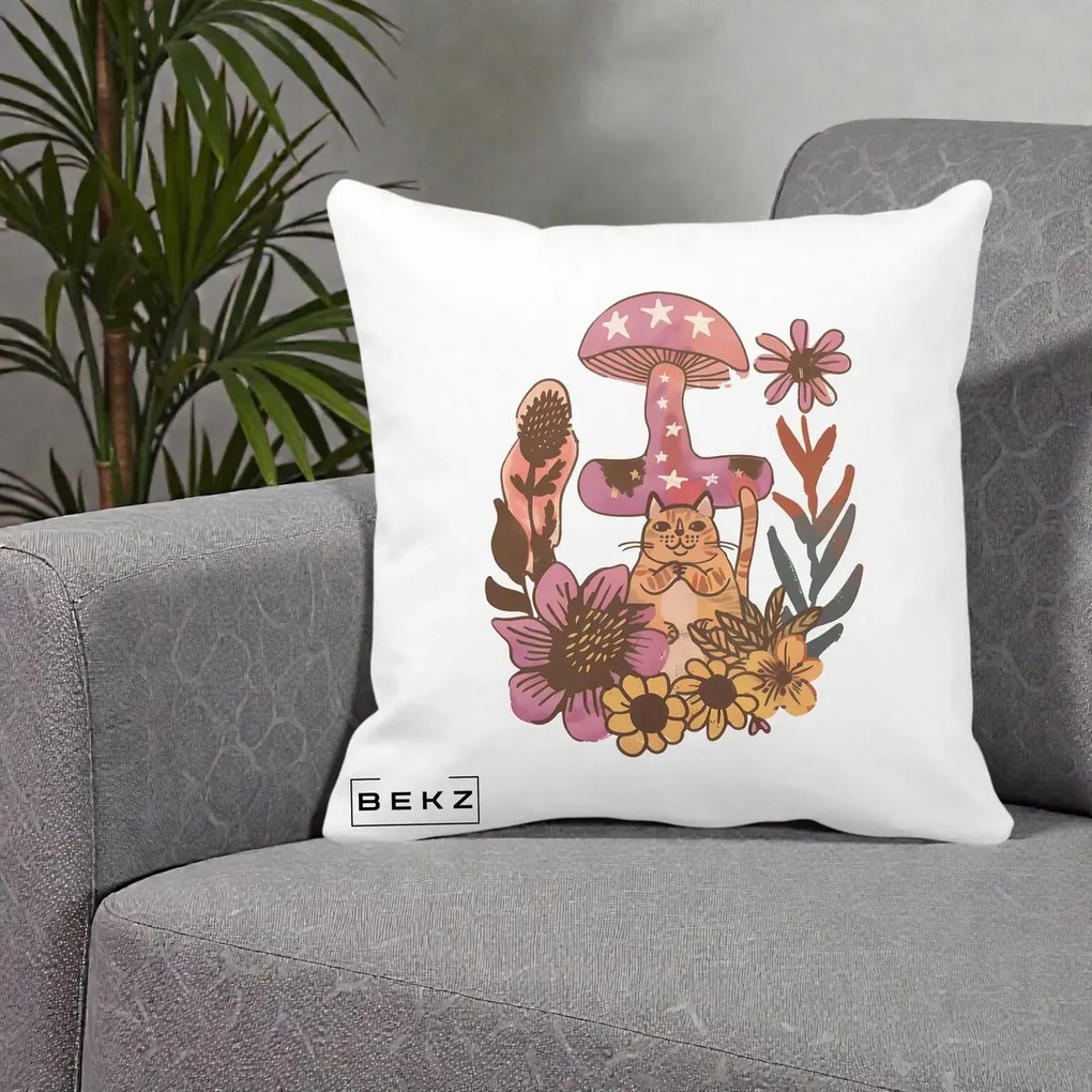 Perna Decorativa Ciuperca Pisica Boho, 40x40 cm, Alba Mata, Husa Detasabila, Perna Inclusa, BEKZ®