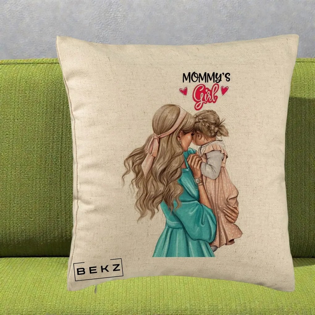 Cadou pentru Mama - Perna Personalizata Mommy's Girl Mama si Fetita, 40x40 cm, Bej, Husa Detasabila, Perna Inclusa, BEKZ®