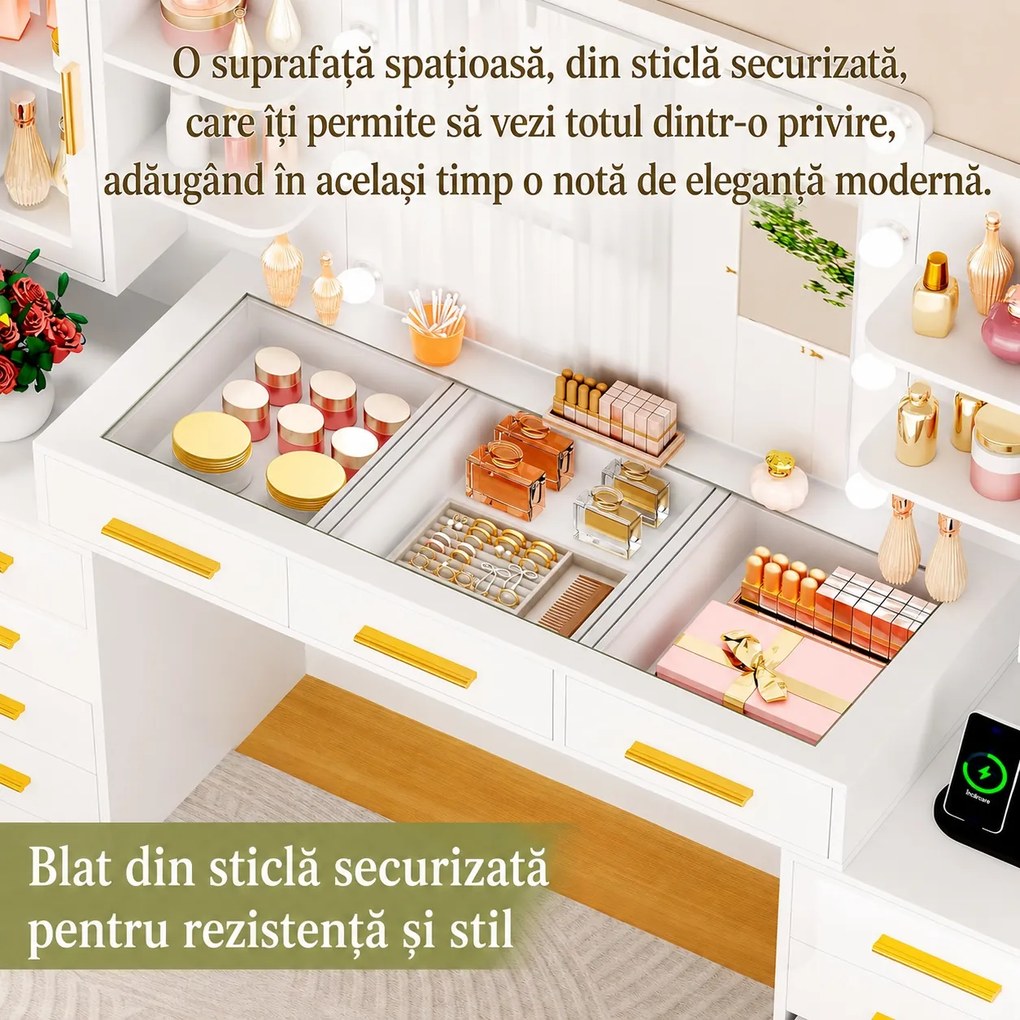 Set Masa toaleta alba 160 cm, cu Priza si USB, cosmetica, machiaj, oglinda cu LED, masuta vanity cu Blat de Sticla, make-up - SEA437