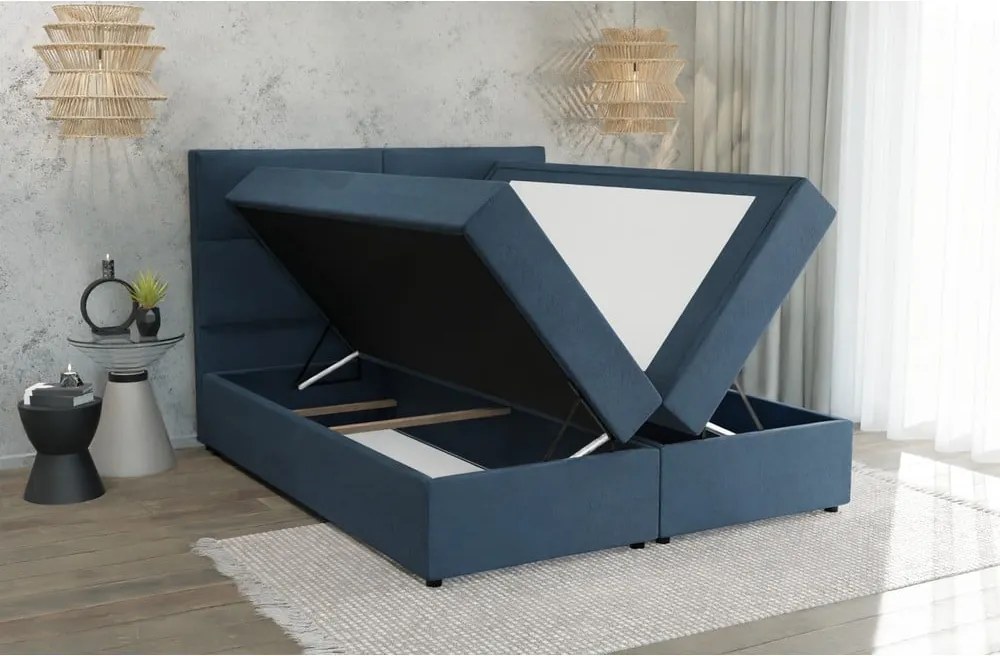 Pat boxspring albastru închis cu spațiu de depozitare 140x200 cm Rico – Ropez