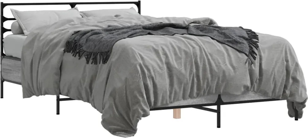 vidaXL Cadru de pat, gri sonoma, 135x190 cm, lemn prelucrat și metal