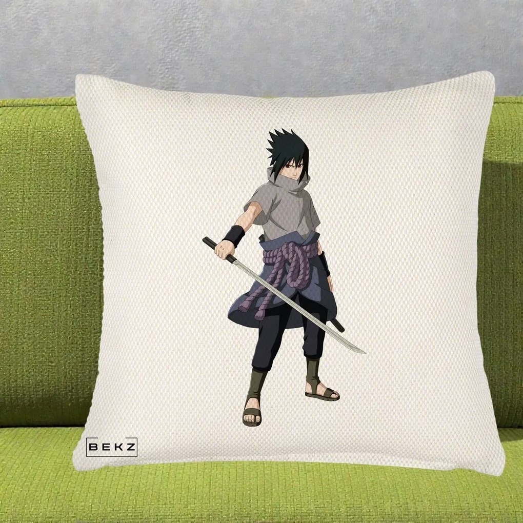 Perna Personalizata Naruto Sasuke Uchiha cu Sabia, 40x40 cm, Crem Reliefat, Husa Detasabila, Perna Inclusa, BEKZ®