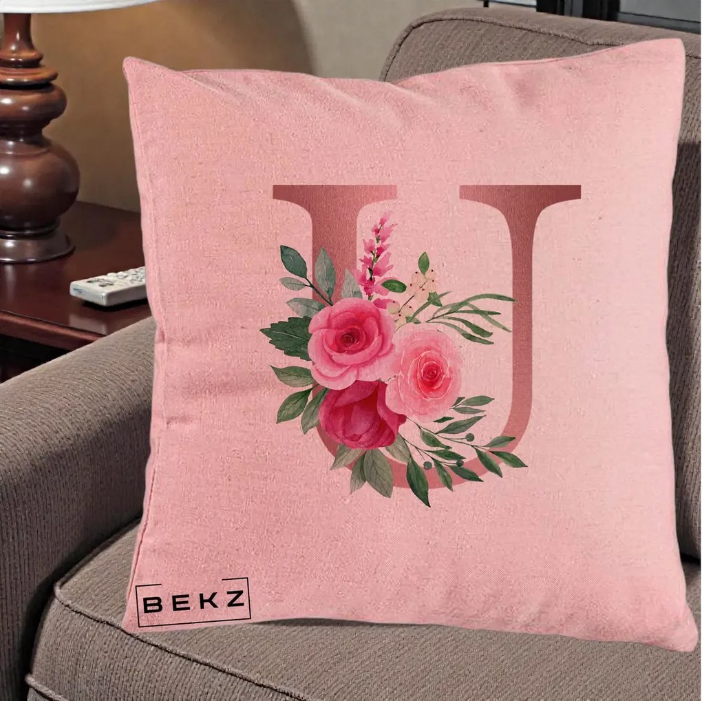Cadou Personalizat - Perna Personalizata Monograma Rose Gold Litera U, 40x40 cm, Roz, Husa Detasabila, Perna Inclusa, BEKZ®